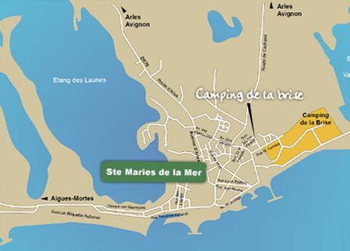 Plan d'accès au Camping la Brise, aux Saintes Maries de la Mer, en Camargue dans les Bouches du Rhône